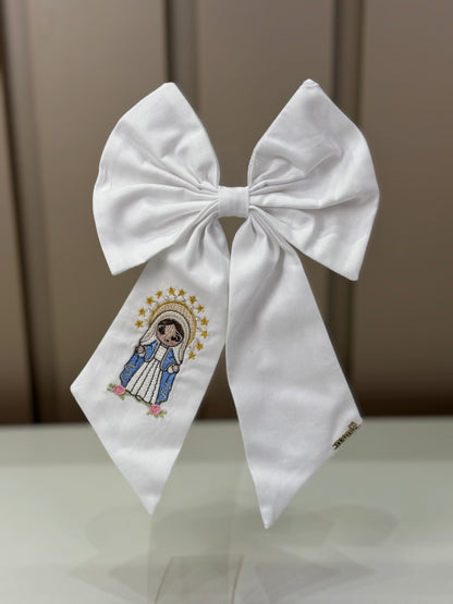 Laço Infantil Luxo Branco Bordado Nossa Senhora - Roana