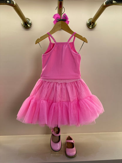 Conjunto Infantil Blusa Light Cristais Barbie e Saia Babados Patche Barbie Rosa Ópera - Pituchinhus