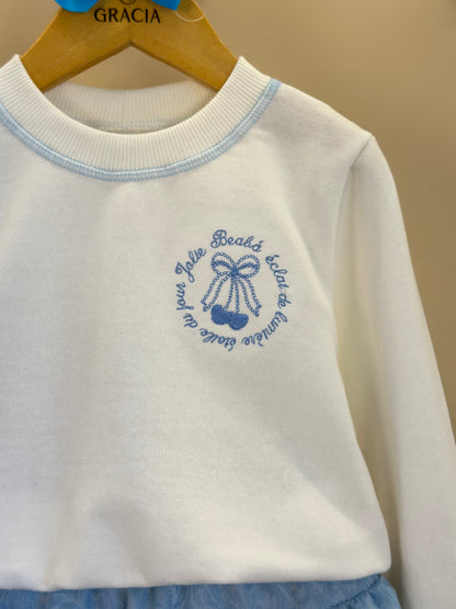 Conjunto Infantil Blusa Moletom ML Bordado e Saia Alfaiataria Jacquard Azul Claro - Beabá