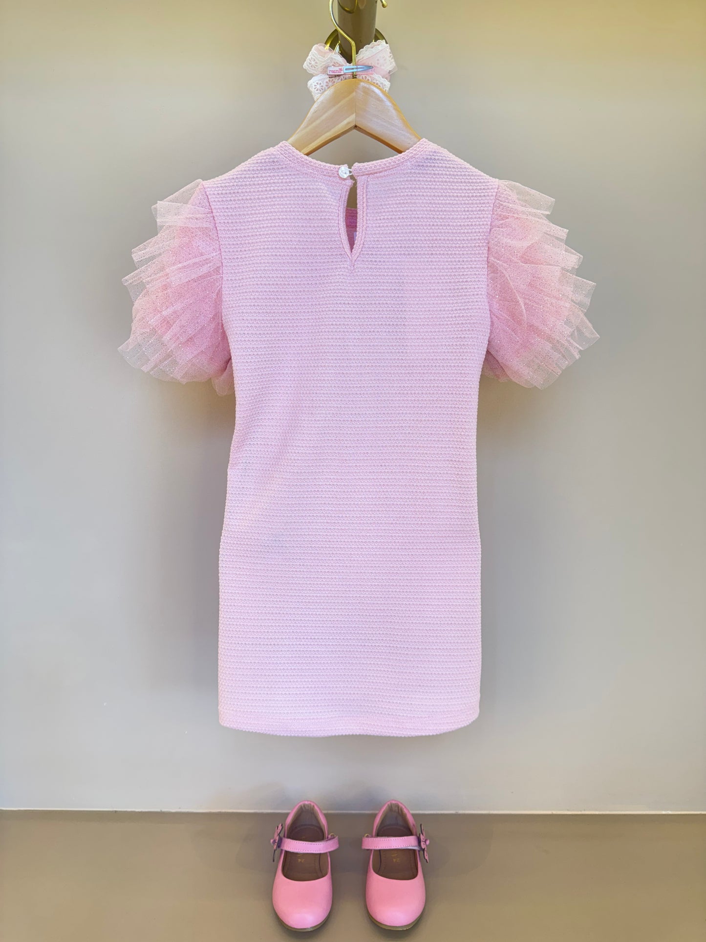 Vestido infantil Linha Malha Patch Flor Strass com Manga Babado Tule Glitter - Luluzinha