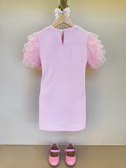Vestido infantil Linha Malha Patch Flor Strass com Manga Babado Tule Glitter - Luluzinha