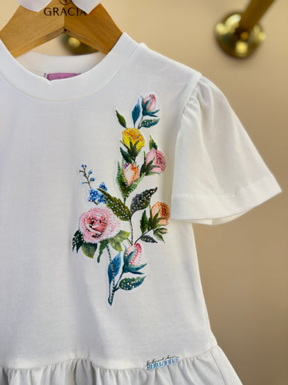 Conjunto Infantil Blusa Off White Flores Bordadas e Short Listrado Flores - Luluzinha