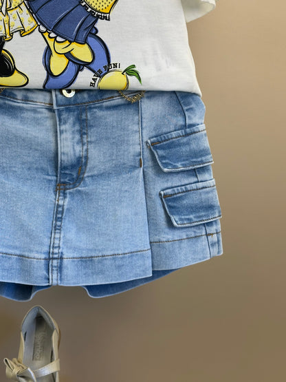 Conjunto Infantil Blusa Minnie e Daisy Limão e Shorts Saia Jeans