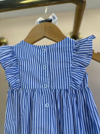 Romper Bebê Algodão Listrado Azul e Bordado Flores - Um Mais Um