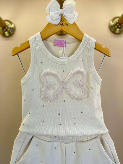 Conjunto Infantil Regata Infinito e Shorts Moletom Babadinho Strass Bege - Luluzinha
