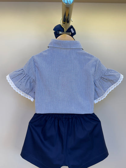 Conjunto Infantil Camisa Listrada Bordada e Shorts Sarja Marinho - Um Mais Um