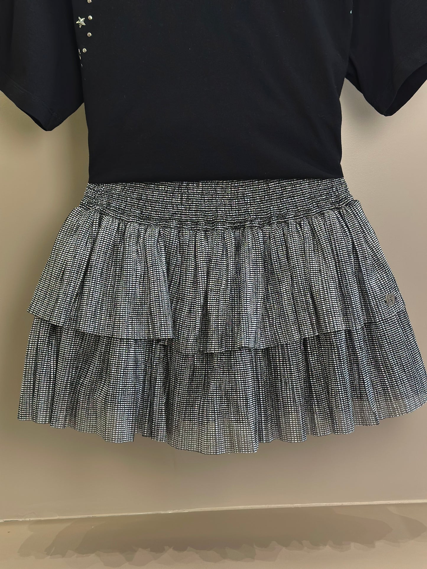 Conjunto Teen Camiseta Oversized e Saia Tule Lurex Plissada Preto - Two In