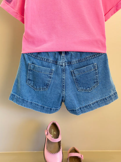 Conjunto Infantil Camiseta e Shorts Jeans Leitão & Pooh Rosa Cherry Donut - Animê Petite