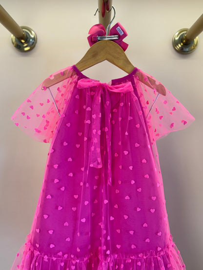 Vestido Infantil Trapézio Tule Corações Pink - Mon Sucré