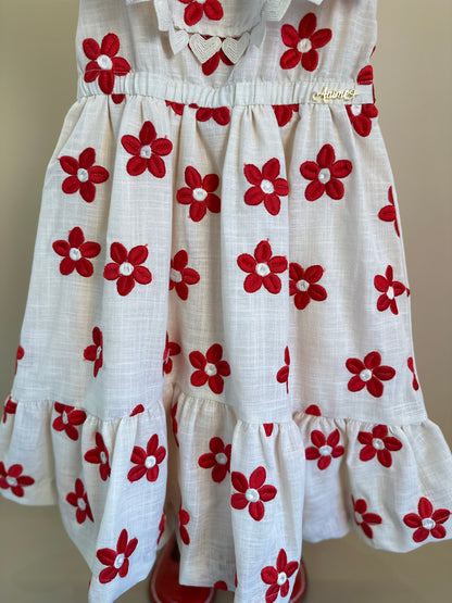 Vestido Infantil Flores Vermelhas Bordadas - Animê