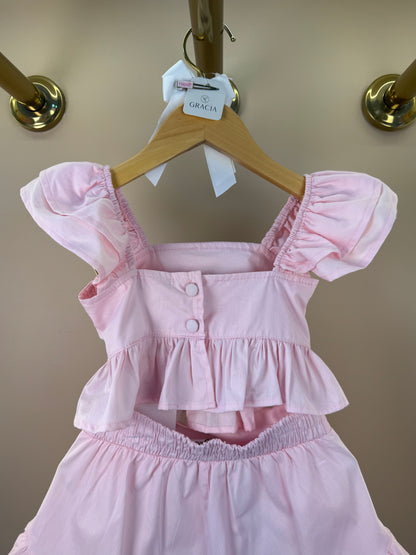 Conjunto Infantil Rosa Blusa Bordado Flores e Shorts Com Babadinho - Luluzinha