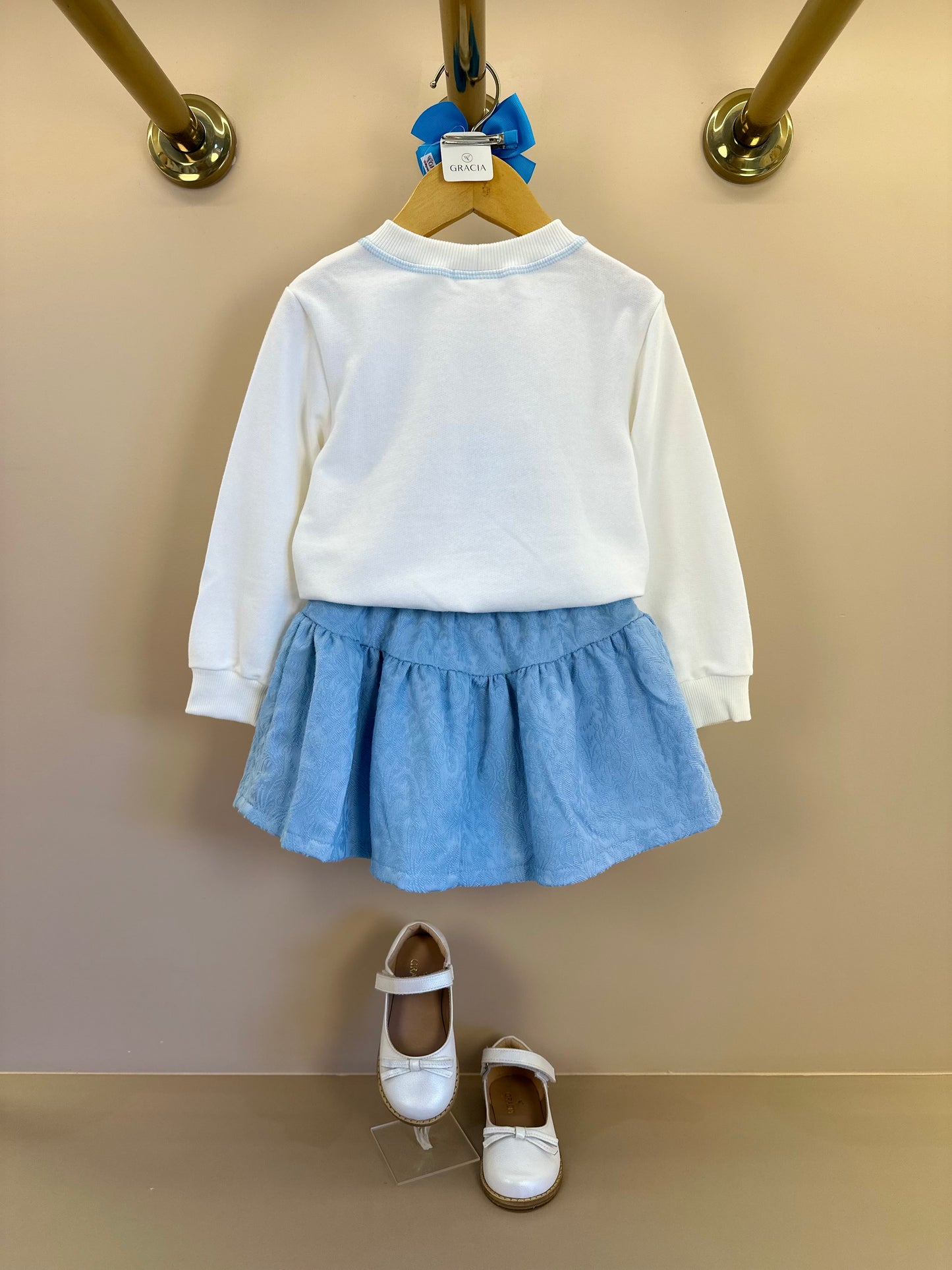 Conjunto Infantil Blusa Moletom ML Bordado e Saia Alfaiataria Jacquard Azul Claro - Beabá