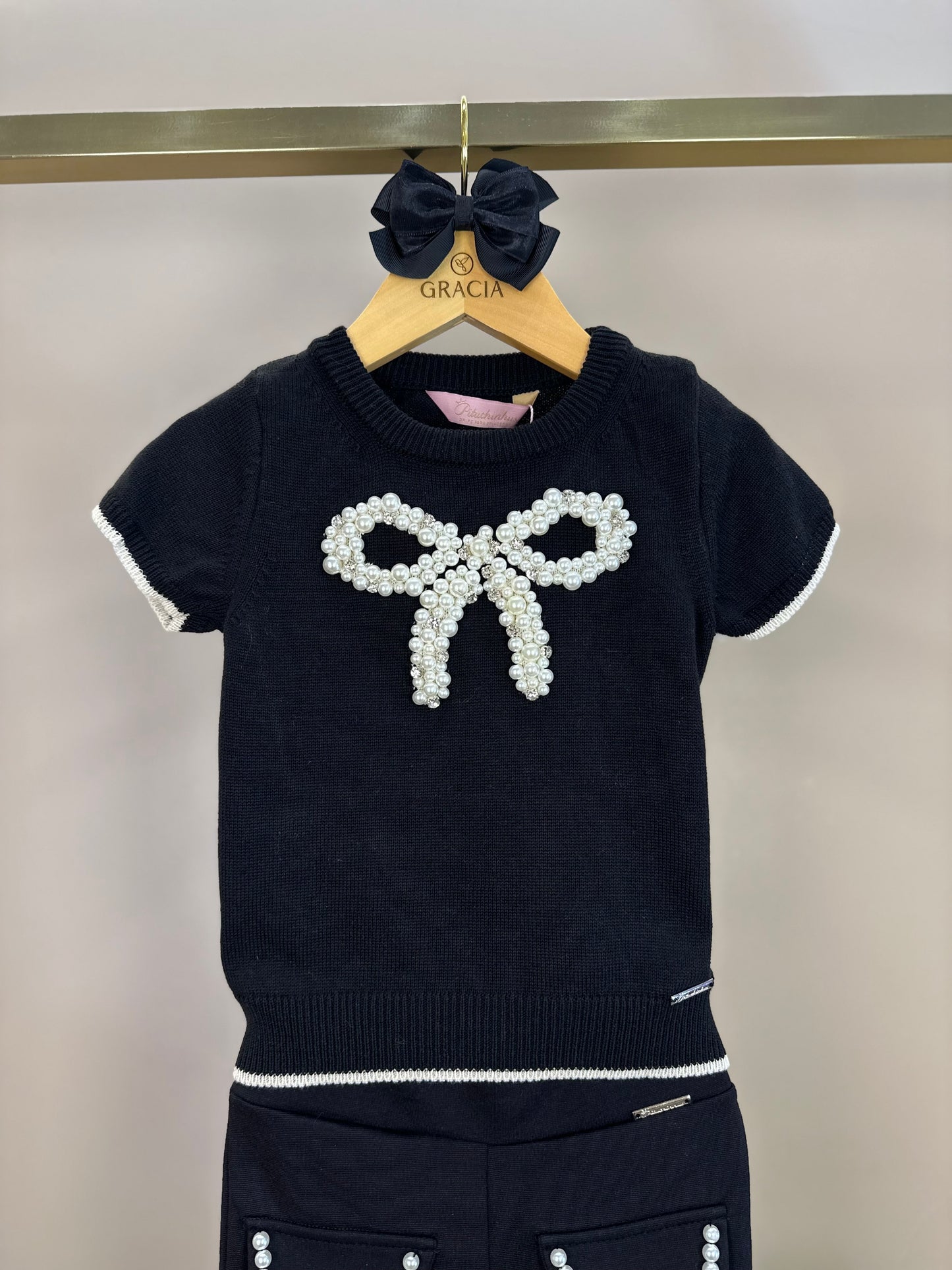 Conjunto Infantil Blusa Tricot Maxi Laço Bordado Pérolas Cristais e Calça Flare Lapelas Bordadas Preta - Pituchinhus