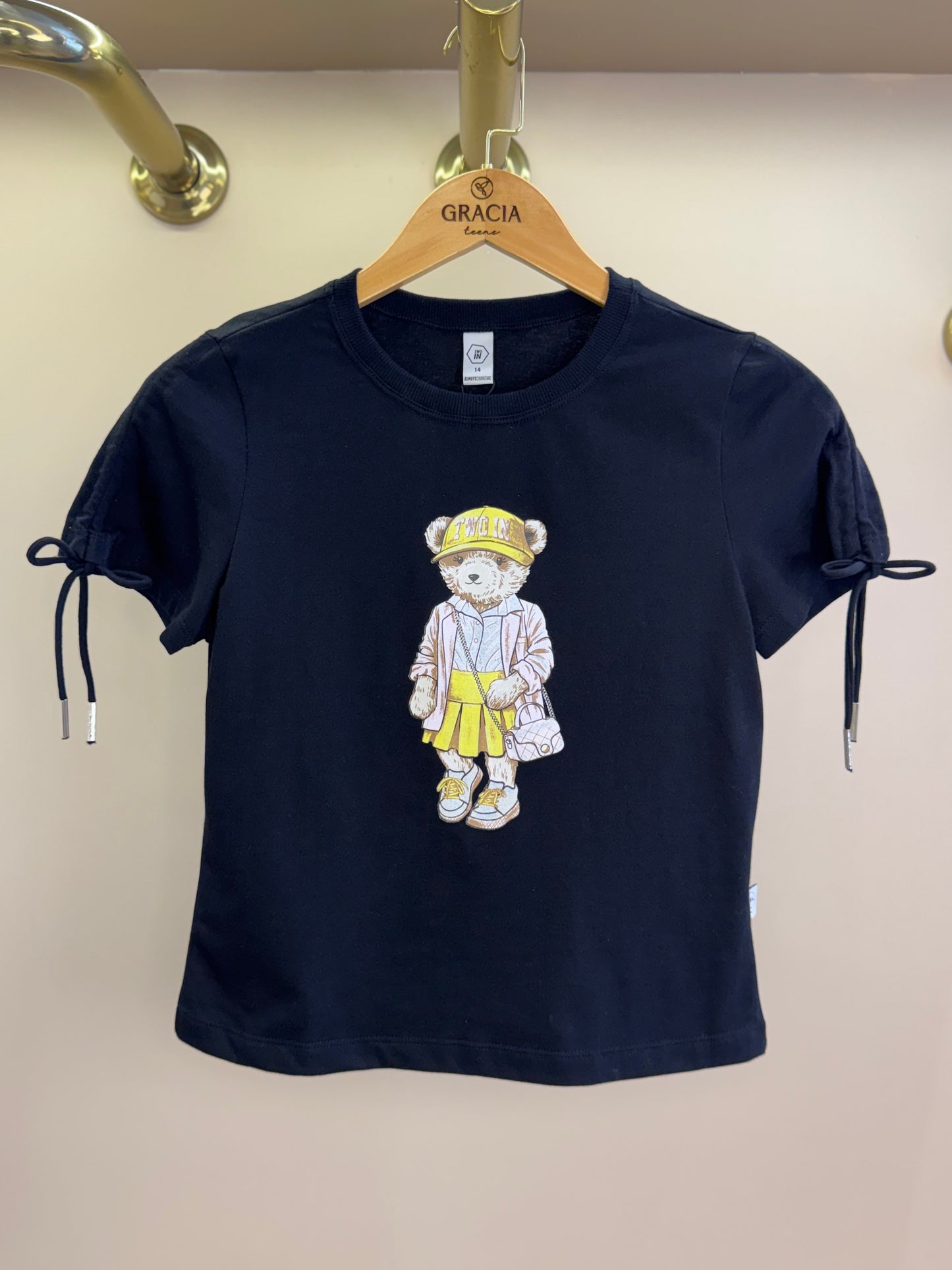 Camiseta Teen Baby Look Ursinho Amarração Mangas Preta - Two In