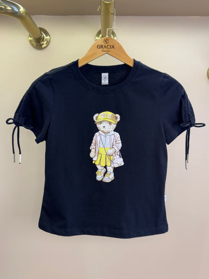 Camiseta Teen Baby Look Ursinho Amarração Mangas Preta - Two In
