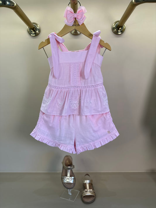 Conjunto Infantil Algodão Blusa e Shorts Renda e Bordado Rosa Claro - Petit Cherie