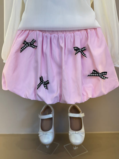 Conjunto Infantil Saia Balonê Rosa Com Lacinhos E Blusa Off Ursinho - Gabriela Aquarela