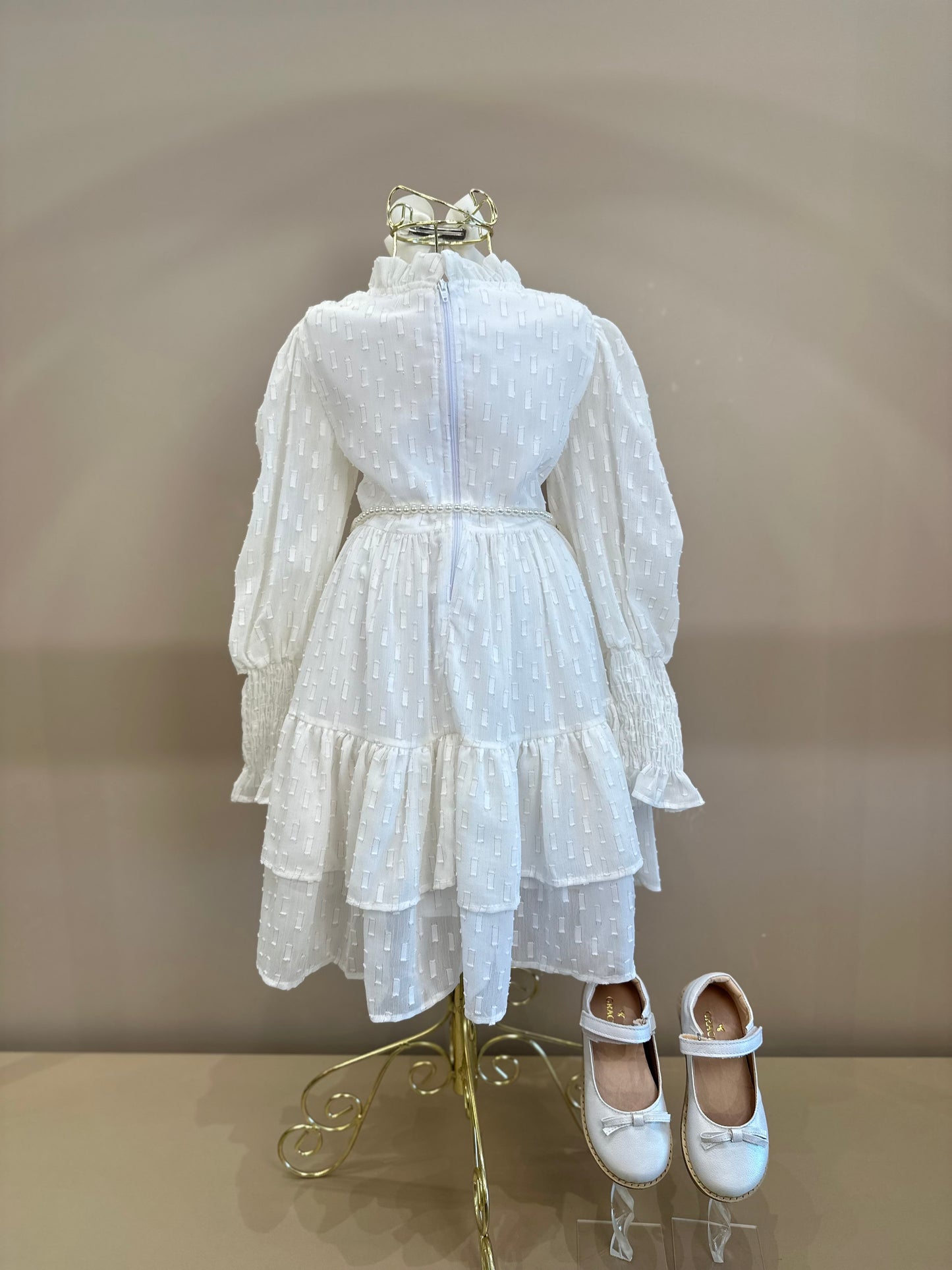Vestido Infantil Chiffon Rodado ML Cinto Pérolas Ursinho Branco - Luluzinha