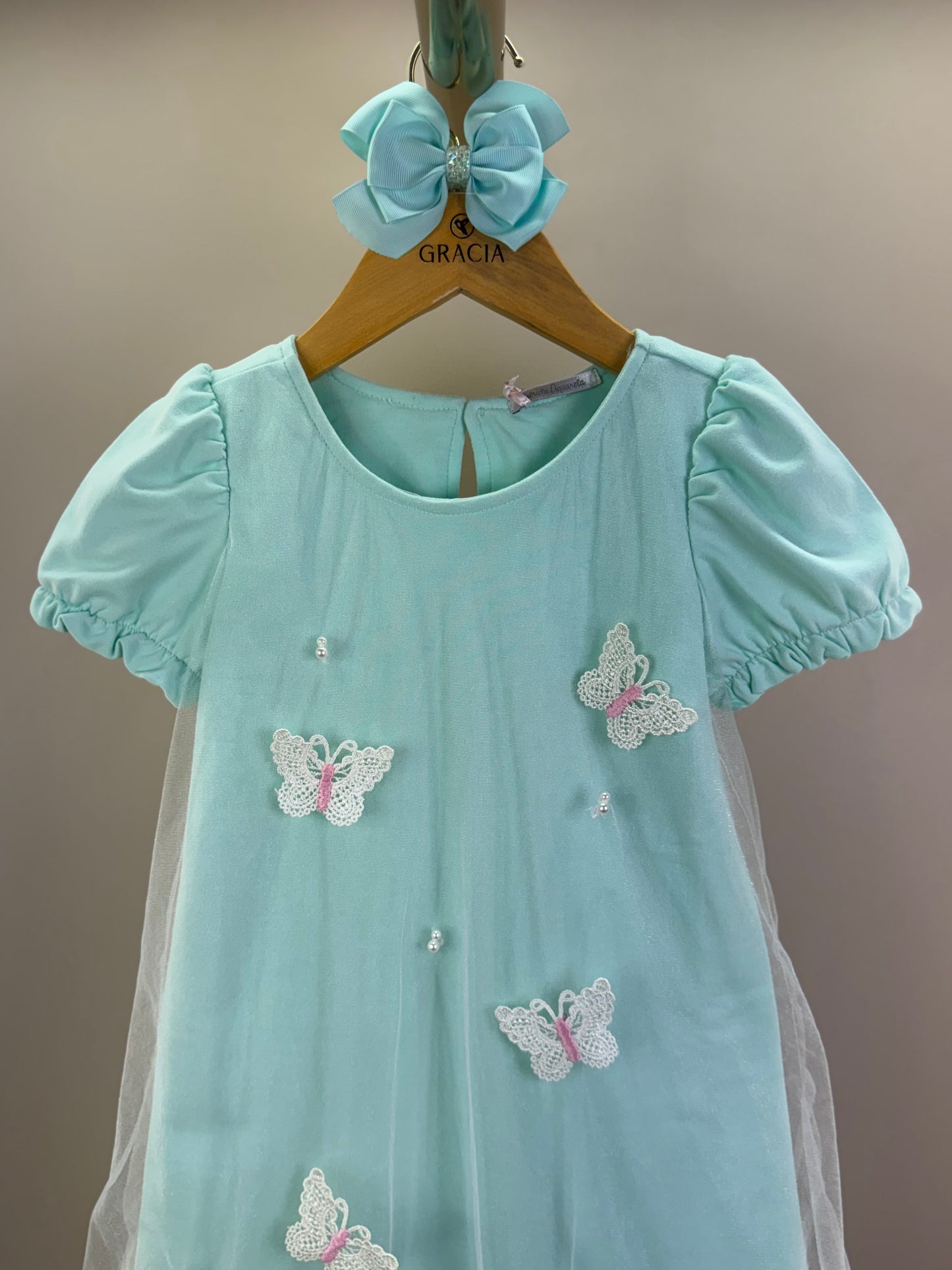 Vestido Infantil Turquesa De Tule Com Borboletas Verde - Gabriela Aquarela