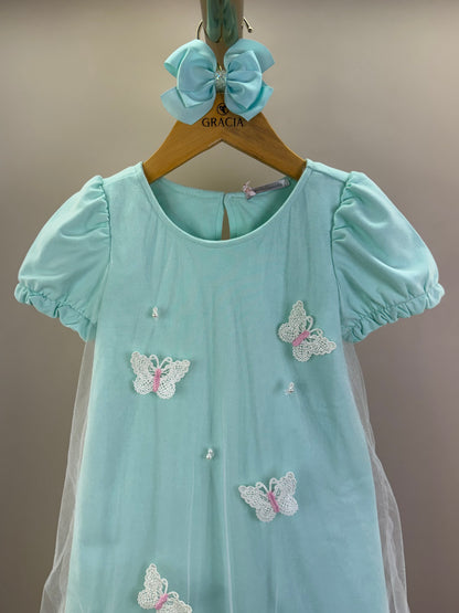 Vestido Infantil Turquesa De Tule Com Borboletas Verde - Gabriela Aquarela