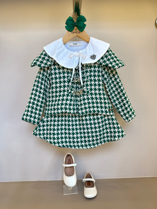 Conjunto Infantil Camisa Gola Laço e Casaco Tweed com Saia Tweed Xadrez Verde - Animê