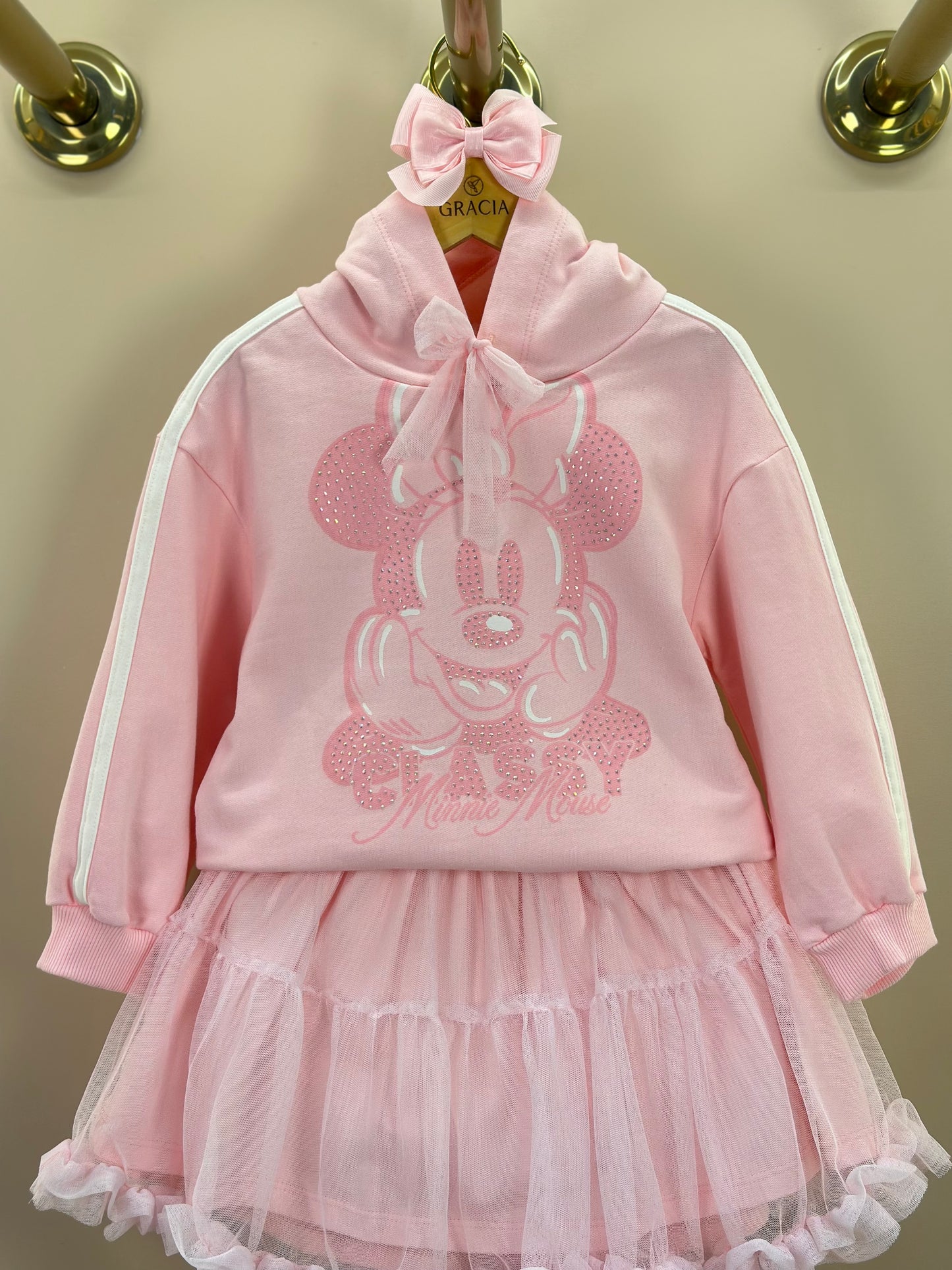 Conjunto Infantil Casaco Minnie Strass Laço e Saia Tule Babado Rosa Soft - Animê Petite
