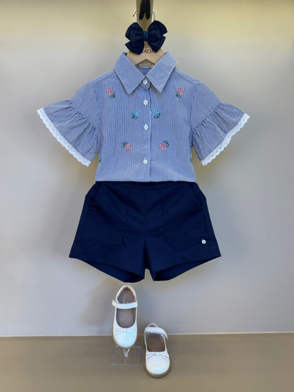 Conjunto Infantil Camisa Listrada Bordada e Shorts Sarja Marinho - Um Mais Um