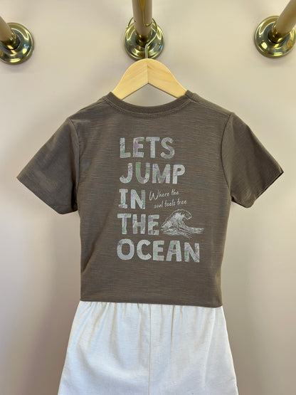 Conjunto Infantil Camiseta Marrom e Bermuda Sarja Off White - Little Johnny