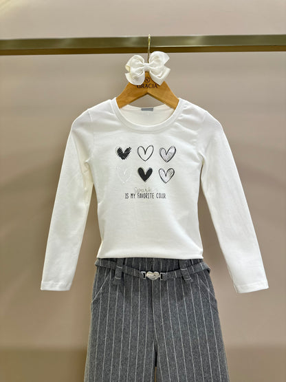 Conjunto Infantil Blusa ML em Cotton Off White e Calça em Malha Listrada - Infanti