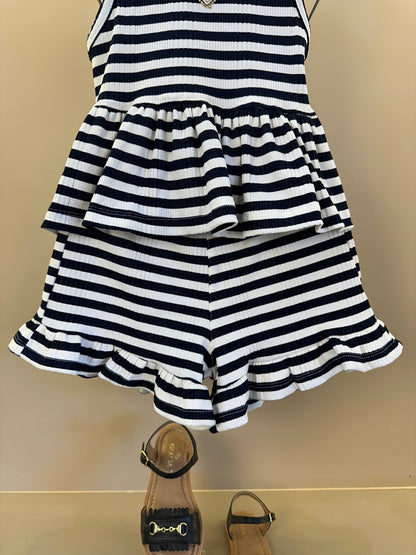 Conjunto Infantil Blusa Malha Listrada Com Amarração Nas Costas e Shorts Com Babadinho- Luluzinha