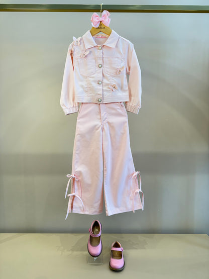 Conjunto Infantil Jaqueta Sarja Rosa Borboletas e Calça Wide Rosa - Gabriela Aquarela