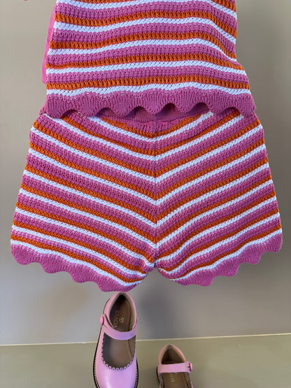 Conjunto Infantil Em Tricoline Listrado Blusa Laço Maxxi e Shorts Barra Andulada - Animê