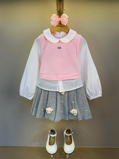Conjunto Infantil Blusa ML com Tricot Rosa e Saia Pregas Ursinhos - Gabriela Aquarela