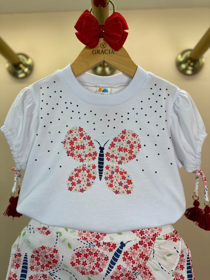 Conjunto Infantil Blusa Manga Bufante e Pompom e Shorts Babados - Beabá