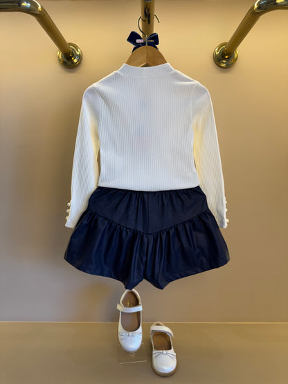 Conjunto Infantil Blusa ML Laço Bordado e Shorts Evasê Couro Tech Marinho - Beabá