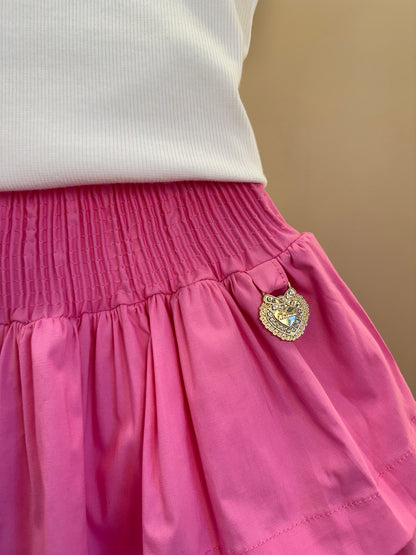 Conjunto Infantil Blusa Off Joia Coração e Saia Babado Rosa - Animê