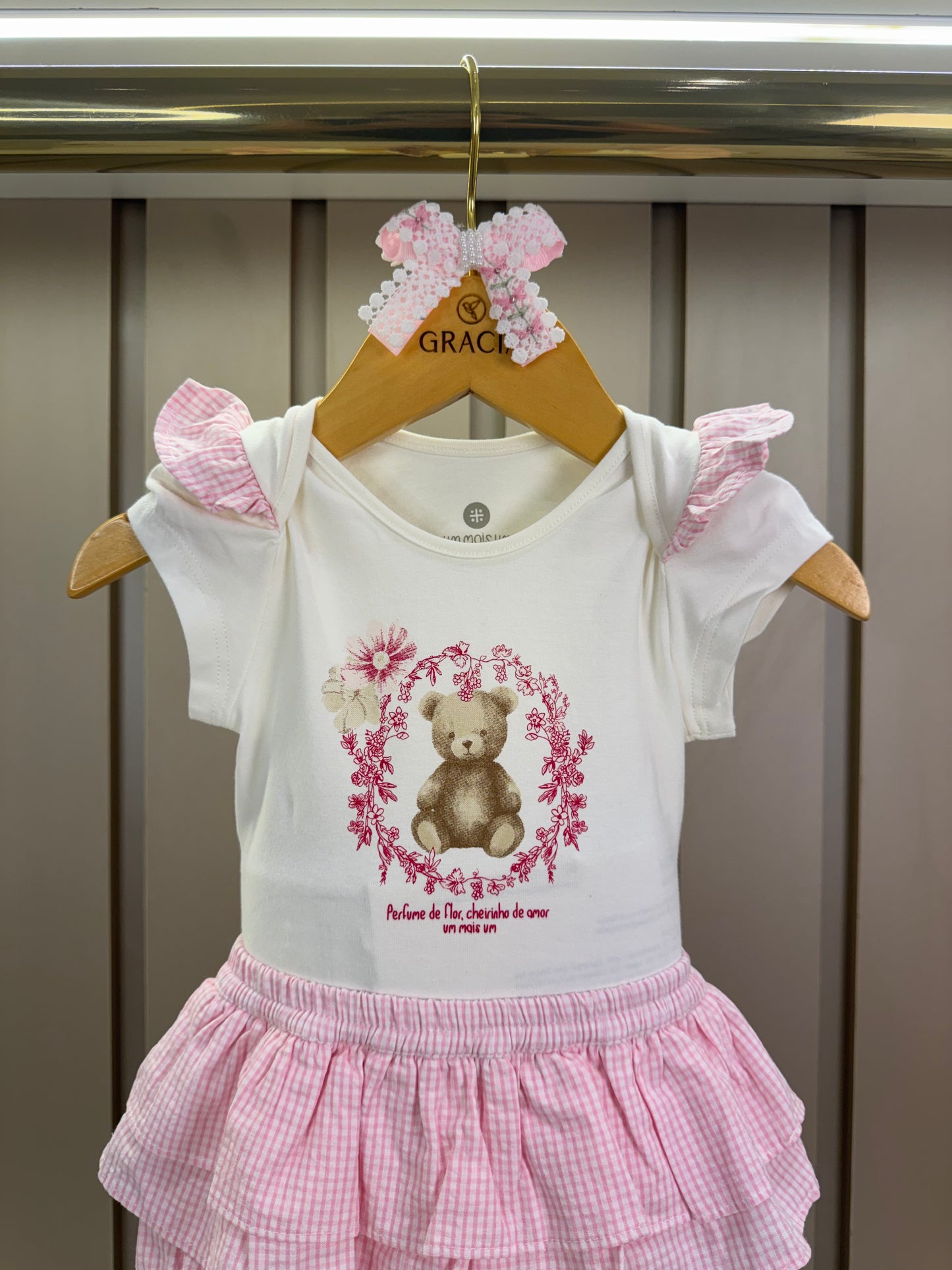 Conjunto Bebê Body Com Estampa Ursinho E Calcinha Fofa Tricoline Rosa - Um Mais Um