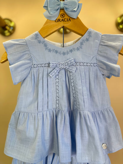 Conjunto Bebê Algodão Batinha Bordada e Shortinho Azul - Petit Cherie