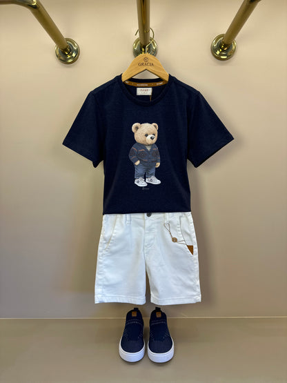 Camiseta Infantil Algodão Teddy Vintage Marinho - Dame