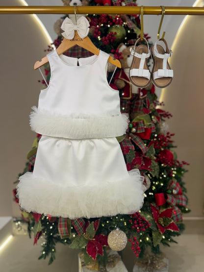 Conjunto Infantil Festa Blusa e Saia Barra Frufru de Tule Branco - Pituchinhus
