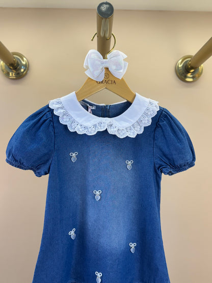 Vestido Infantil Jeans Gola Babadinho Bordado Laço - Gabriela Aquarela