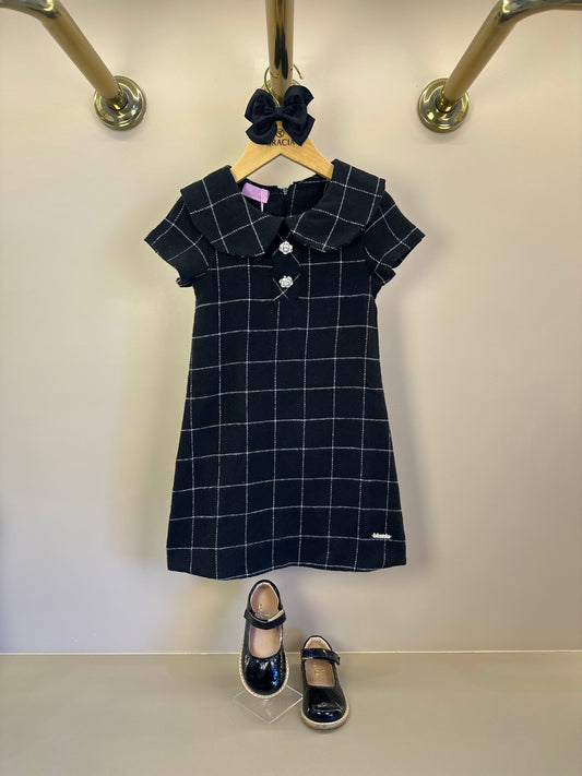 Vestido Infantil Trapézio Botões Xadrez Preto - Luluzinha