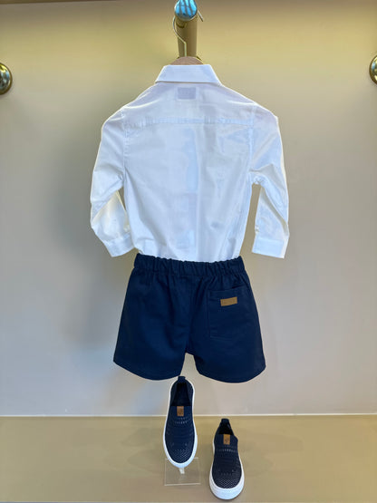 Conjunto Bebê Camisa-body Algodão ML Branco e Bermuda Social Marinho - Dame