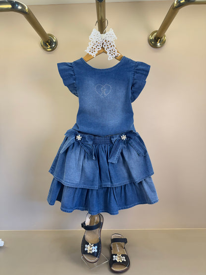 Conjunto Infantil Blusa Jeans Strass e Saia Laços Laterais Bordado Com Pérolas - Gabriela Aquarela