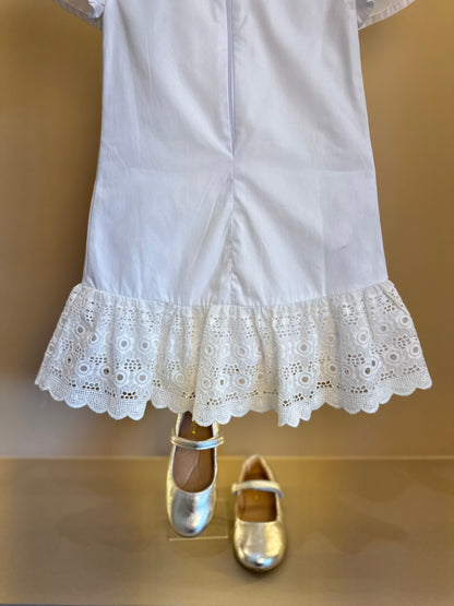 Vestido Infantil Algodão Laço Bordado Manual Babado Barrado Laise Branco - Luluzinha