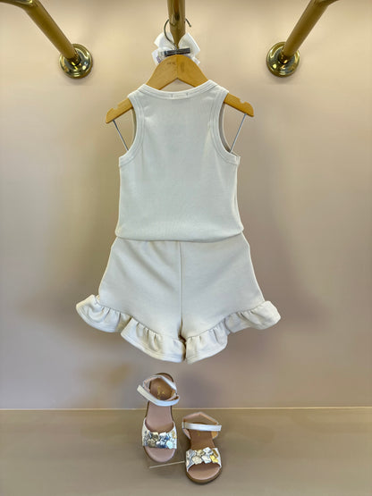 Conjunto Infantil Regata Infinito e Shorts Moletom Babadinho Strass Bege - Luluzinha