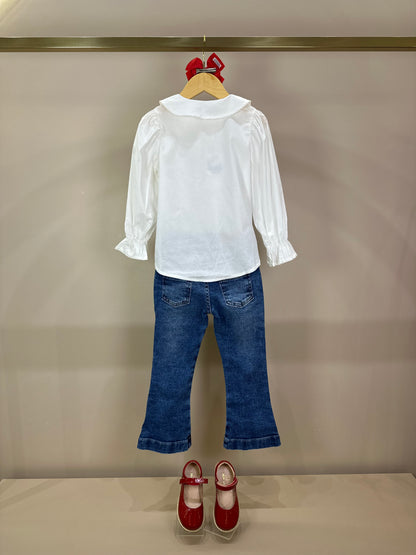 Conjunto infantil Camisa Minnie Off White e Calça Flare Jeans - Animê Petite