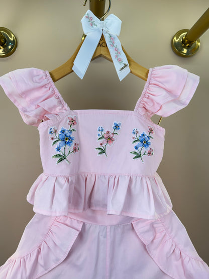 Conjunto Infantil Rosa Blusa Bordado Flores e Shorts Com Babadinho - Luluzinha