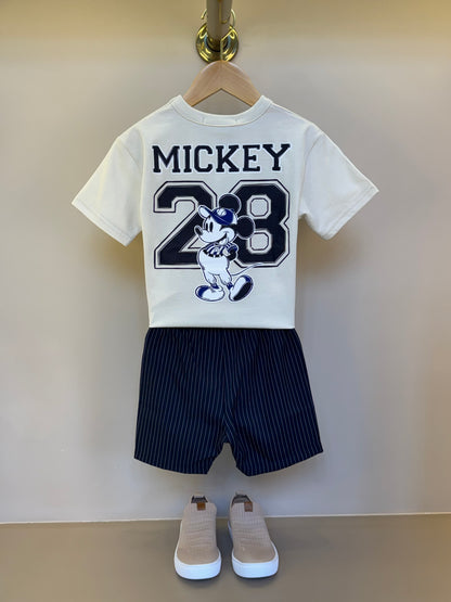 Conjunto Infantil Camiseta Bege Mickey e Bermuda Marinho Listrada - Youccie