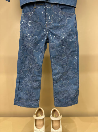 Conjunto Infantil Jaqueta e Calça Jeans Bordada Tule Flores - Animê